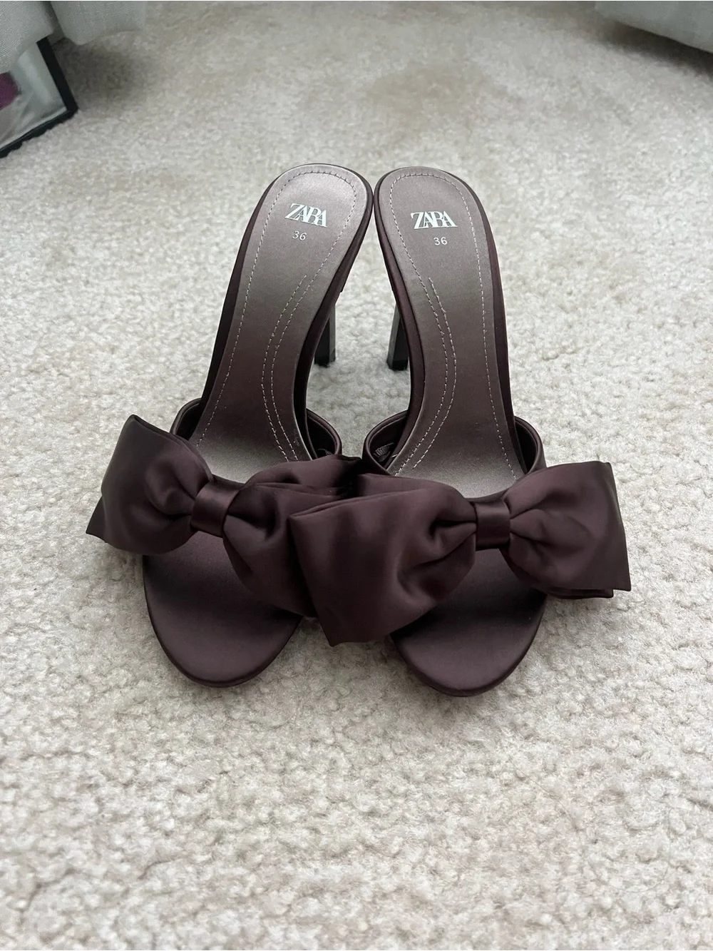 ZARA Dark Brown Bow-Accent Open-Toe Mule Heels